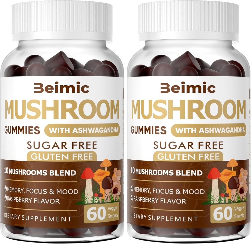 Pilz-Gummien - 10x Pilz-Ergänzung mit Ashwagandha und Lions Mane (120 Chews) Nootropic Brain-Ergänzung, Immununterstützung & Stress Relief (Pack von 2)