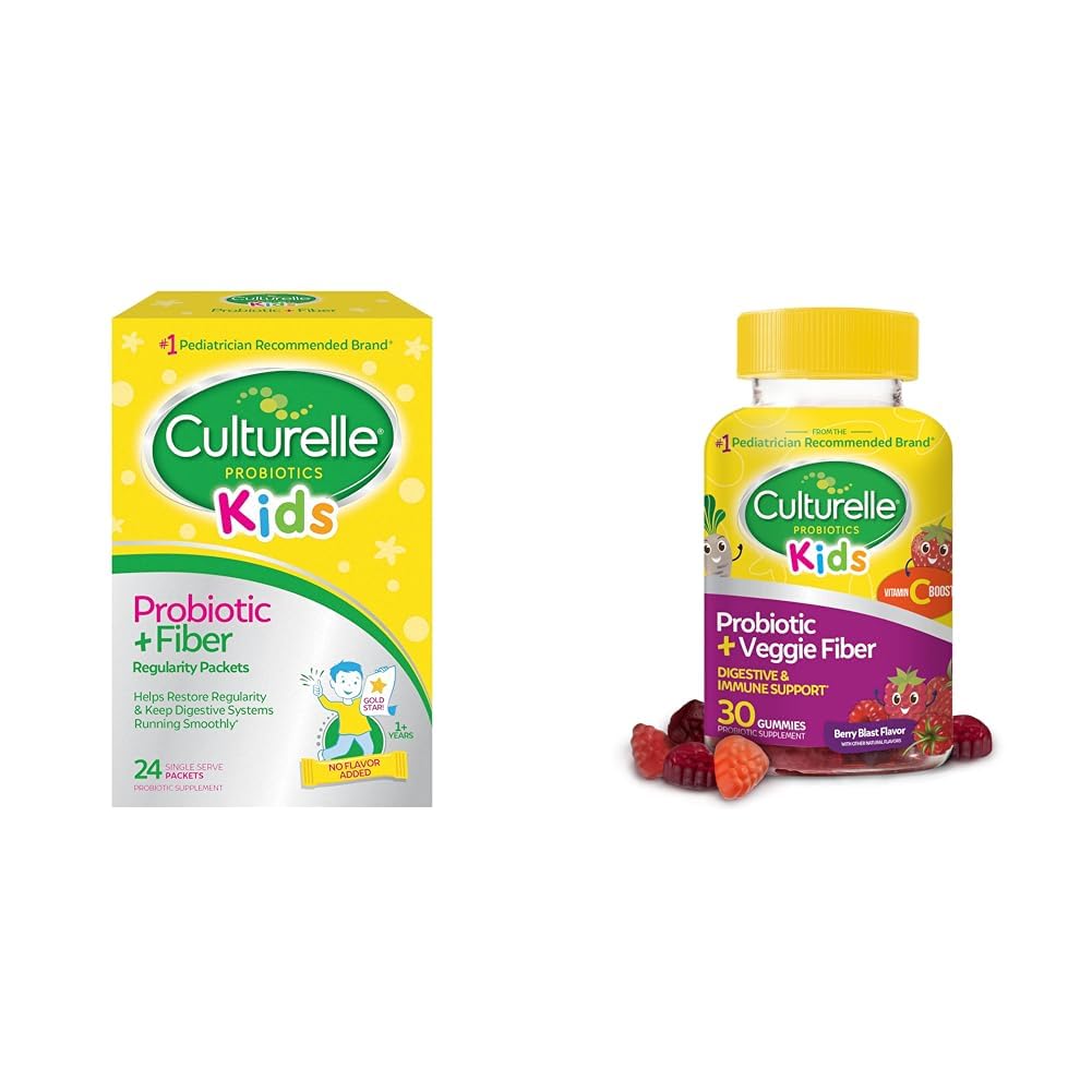 Culturelle Kids Probiotic + Fiber Packets (Ages 3+) - 24 Count - Digestive Health & Immun Support & Daily Probiotic for Kids + Veggie Fiber Gummies (Ages 3+) - 30 Count