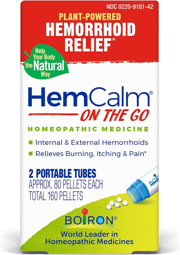 Boiron HemCalm Auf dem Go Reise essentiell für Hämorrhoid Relief von Schmerz, Juckreiz, Schwellung oder Unglück - 2 Zähler (160 Pellets)