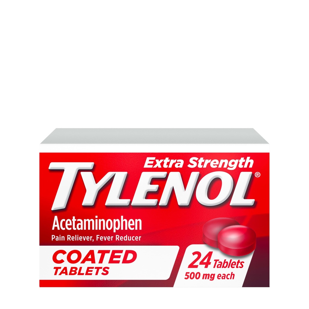 Tylenol Extra Strength Pain Reliever & Fever Reducer, Round Coated Tablets, 500 mg Acetaminophen Schmerzlinderung Pillen für Kopfschmerzen, Toothache & Minor Arthritis Schmerzen, 24 ct