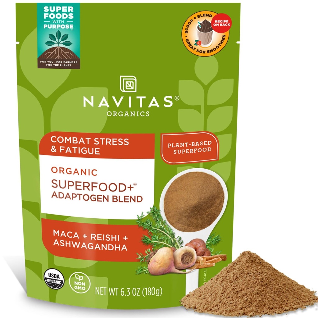 Navitas Organics Superfood+ Adaptogen Blend für Stress-Unterstützung (Maca + Reishi + Ashwagandha), 6.3oz Tasche, 30 Portionen — Organic, Non-GMO, Vegan, Gluten-Free, Keto & Paleo.