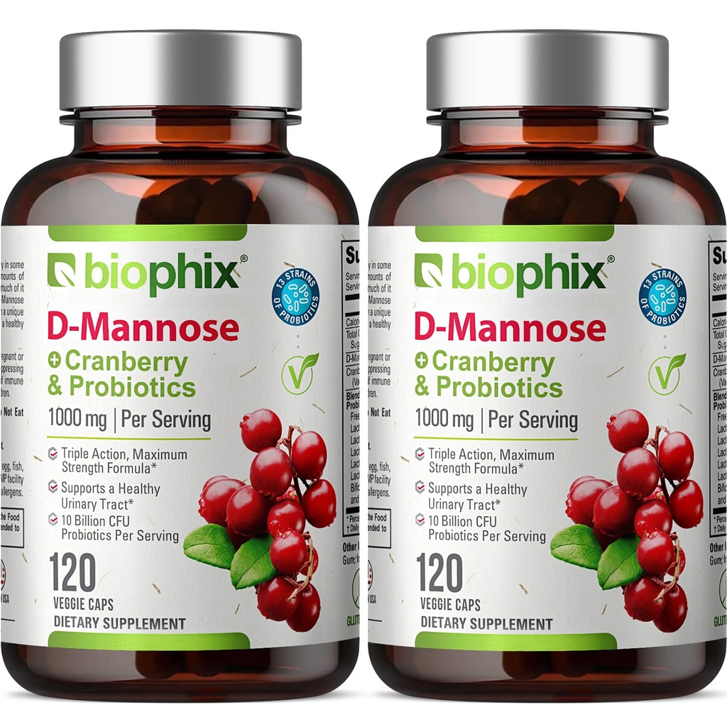 biophix D-Mannose 1000mg Kapseln mit Cranberry & Probiotics - D Mannose Ergänzungen für Frauen - D-Mannose Pillen für Urinary Tract & Bladder Health Support - Digestive Well-Being - 120 Vcaps 2 Pack