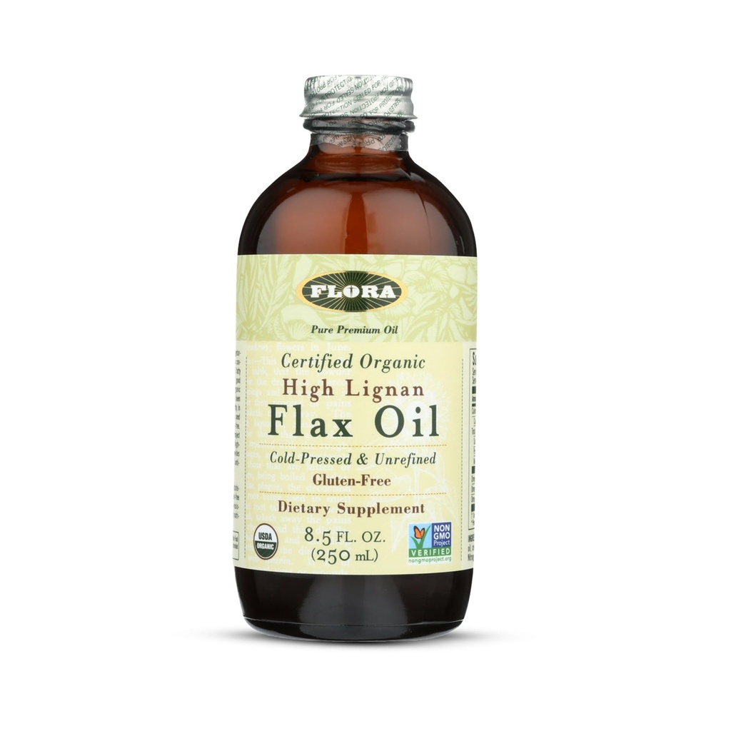 Flora Health Certified Organic High Lignan Flax Seed Oil, kalt gepresst, Unrefined & Glutenfrei mit essentiellen Fettsäuren, unmodifiziertes Flaxseed Oil, 17 fl. oz. Glasflasche
