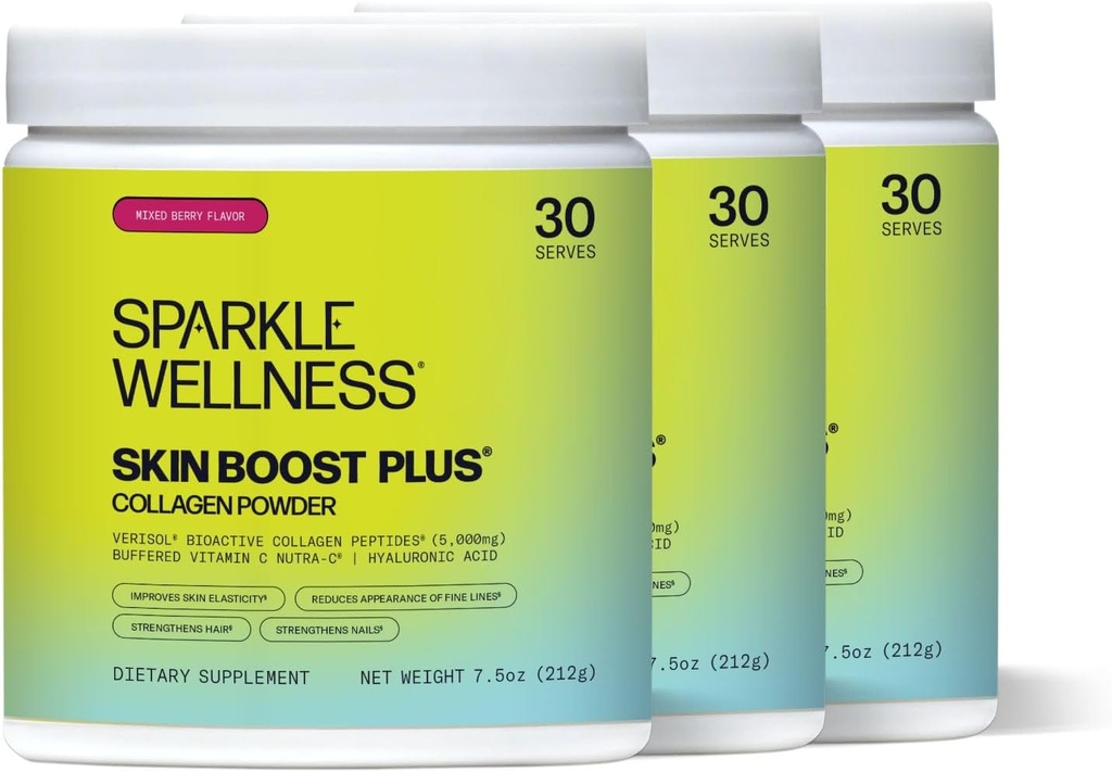 Sparkle Wellness Skin Boost Plus (Mixed Berry) [3-Pack von 30-Serves] | Kollagenpulver mit VERISOL Bioactive Hydrolyzed Collagen Peptide, Vitamin C & Hyaluronsäure | Verbesserung der Hautelastizität