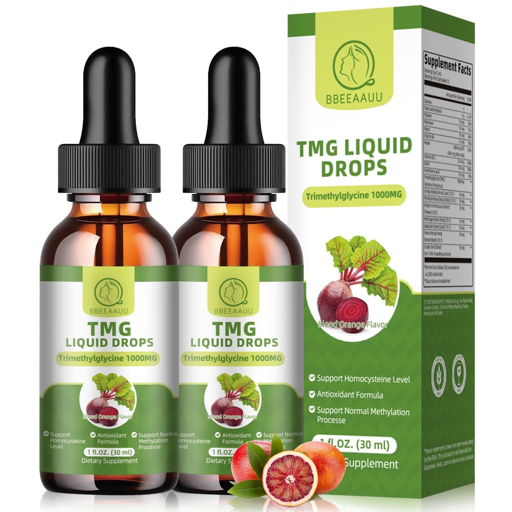 TMG ergänzt 1000MG - Trimethylglycin Flüssigkeitstropfen, Betaine hohe Absorption, Unterstützt Methylierung, Leber Wellness & Kognitiv, Non-GMO, Vegan, Blut Orange Flavor, 1 Fl.Oz (2 Packung)