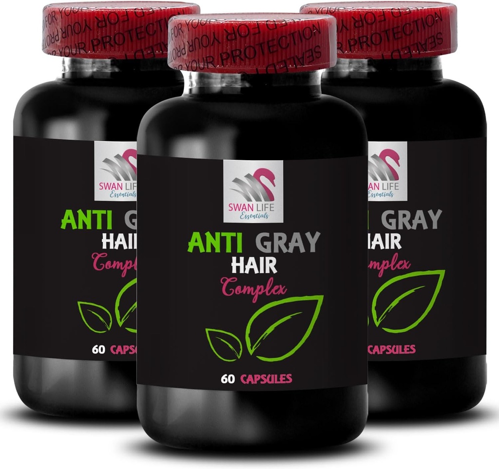 Anti grauen Haar Vitamine - ANTI GRAY HAIR COMPLEX - Farbe Wiedererwachen, graue Haarergänzung, Natürliche graue Pflege, Vibrant Haar, Haarglühen, Farbe Vitalität, Grau Haarmanagement 3 Flaschen 180 Kapseln