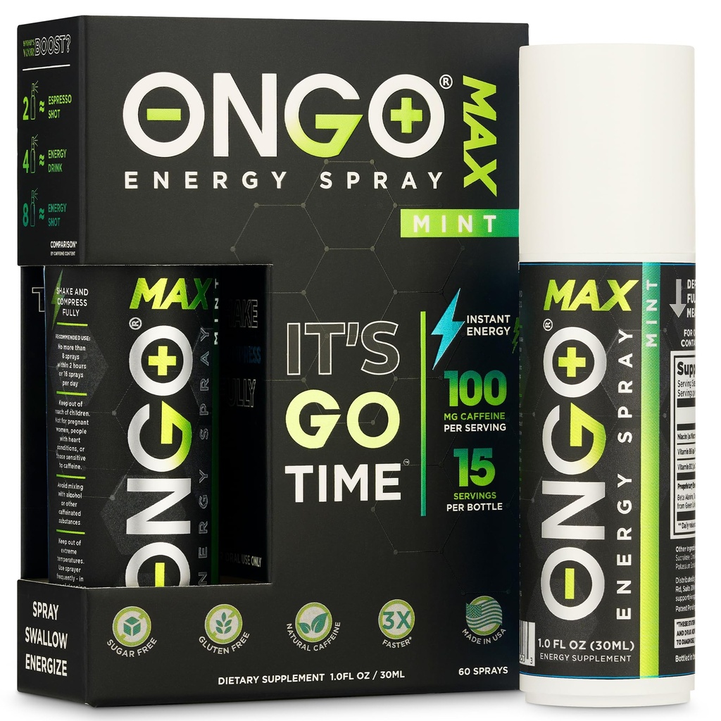 OnGo Energy - Natural caffeine (1500mg) Instant Energy Oral Spray | Vegan, Sugar and Gluten free | B3, B6, B12 vitamin spray | Focus and Memory | Study, Work and much more | Mint flavor | 15 servings