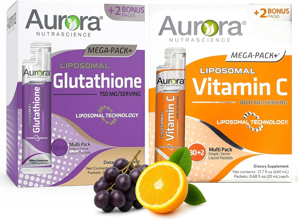 Vida Lifescience Aurora Nutrascience Mega Vitamin C & Glutathione Bundle, 64 Packungen | Immun- & Antioxidans-Unterstützung