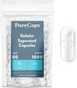 PureCaps USA - Leere Gelatine Kapseln Größe 00| 1.000 Getrennte Pillen |Clear| Nicht-GMO zertifiziert | SLS, Gluten, Konservierungsmittelfrei