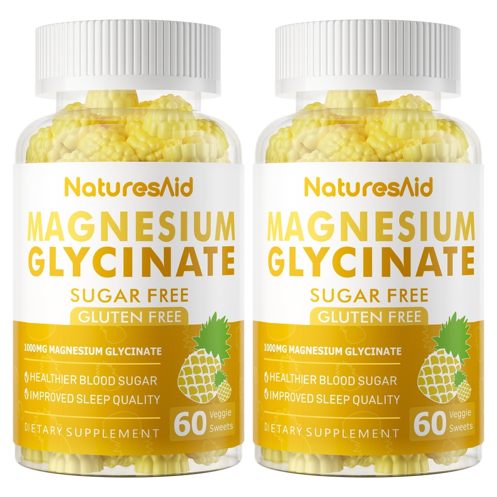 Magnesium Glycinate Gummies 1000mg - Zuckerfreie Magnesium Kalium-Ergänzung mit Vitamin D, B6, CoQ10 für ruhige Stimmung & Schlaf-Unterstützung - 120 Ananasgummis -2 Pack