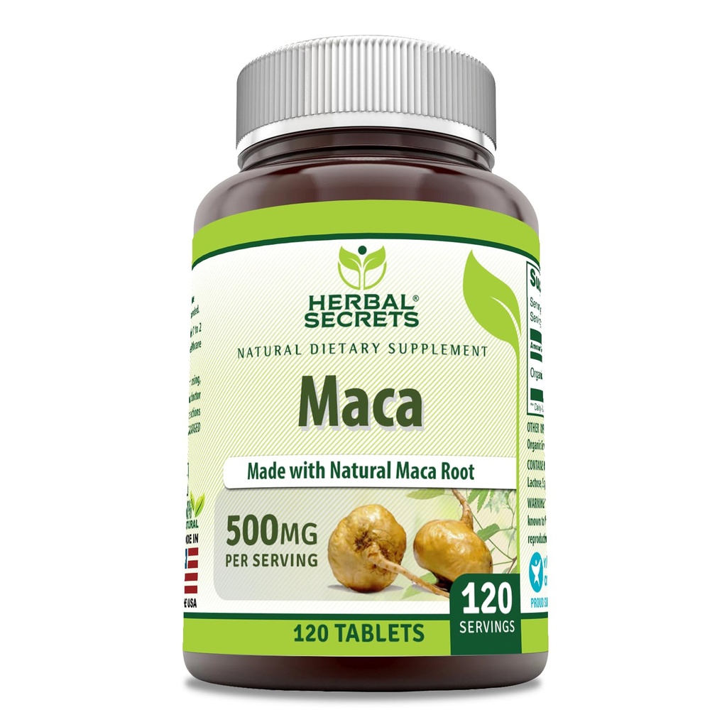 Herbal Secrets Maca Supplement | 500 Mg pro Servieren | 120 Tabletten | Non-GMO | Gluten Free | Made in USA