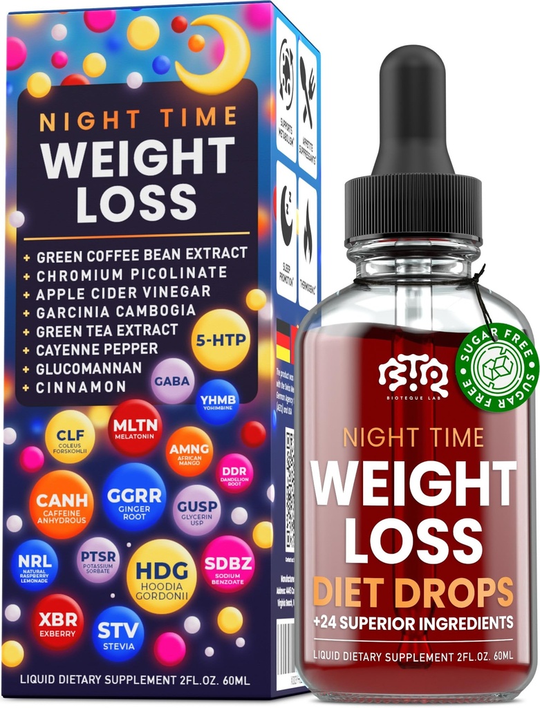 Night Time Weight Loss Diet Drops - Appetite Control, Fat Burner, Metabolism Booster - Apple Cider Essig - Cinnamon - Cayenne Pepper