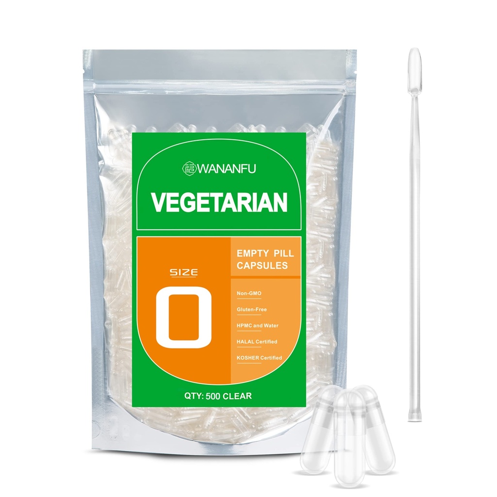 wananfu Größe 0 Leere Kapseln Vegetarisch (500 Zähler) Bundle mit Micro Lab Spoon, Klare füllbare Veggie Pillen Kapseln Größe 0 für Ihre eigenen Ergänzungen