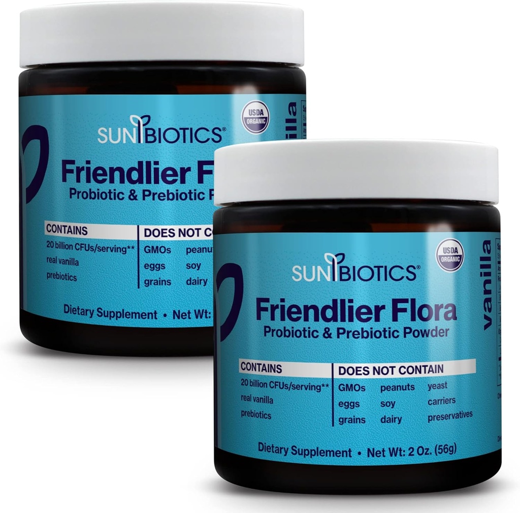 SUNBIOTICS Friendlier Flora - Präbiotisches und probiotisches Pulver für Frauen & Männer mit 20 Milliarden CFUs von 4 probiotischen Strainen für Gut Flora, Immunsystem & Balanced Microbiome - Vanille, (Pack von 2)