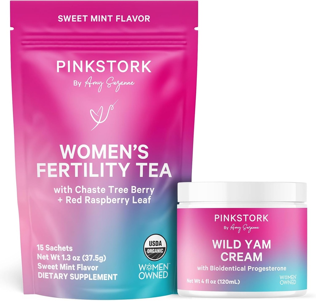 Pink Stork Fruchtbarkeit Tee und Wild Yam Creme für Frauen, Fruchtbarkeit, Ovulation, Empfängnis und Hormon Balance für Frauen mit Chaste Tree Berry (Vitex) - Duo
