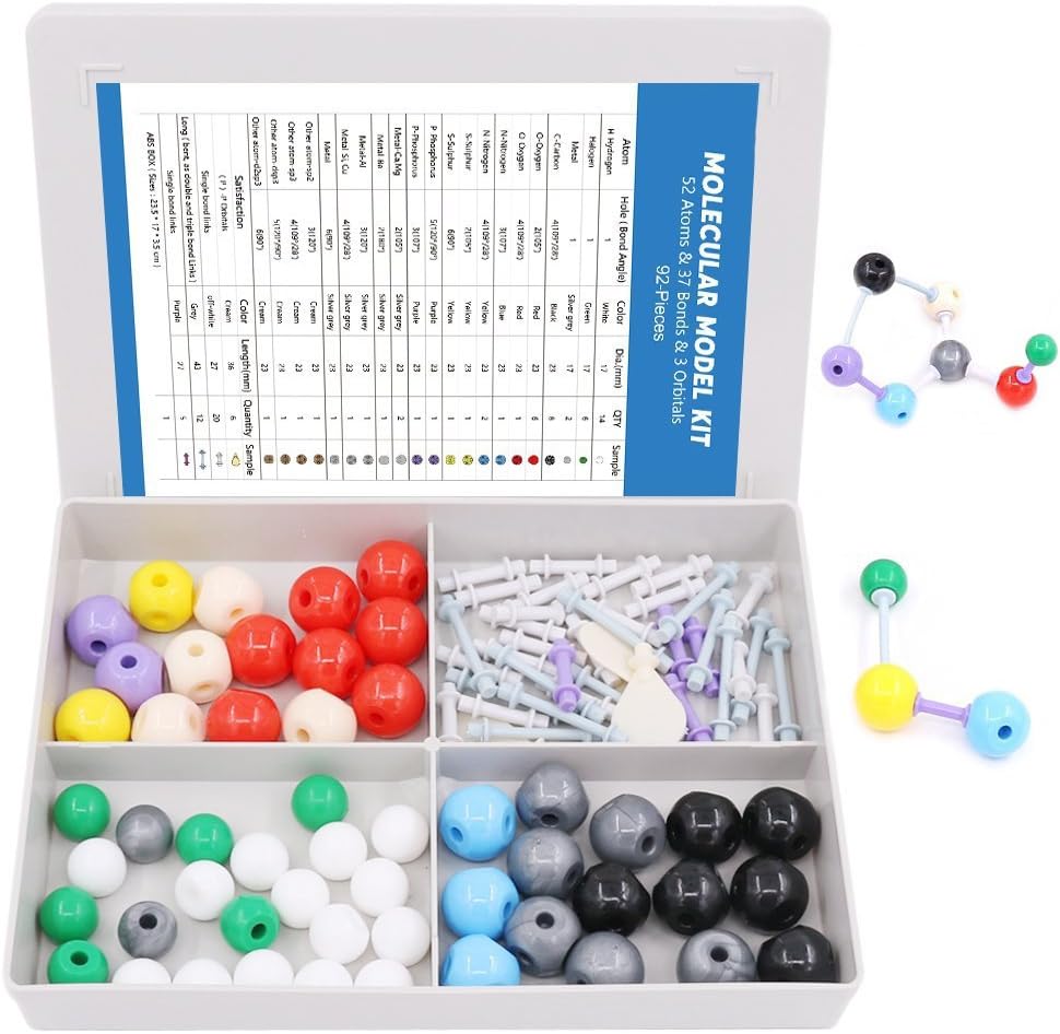 Swpeet 92 Pcs Chemie Molekulares Modell Studenten- und Lehrer-Set, Molekulares Modell-Set für anorganische und organische Chemie - 52 Atome & 37 Bonds & 3 Orbitals
