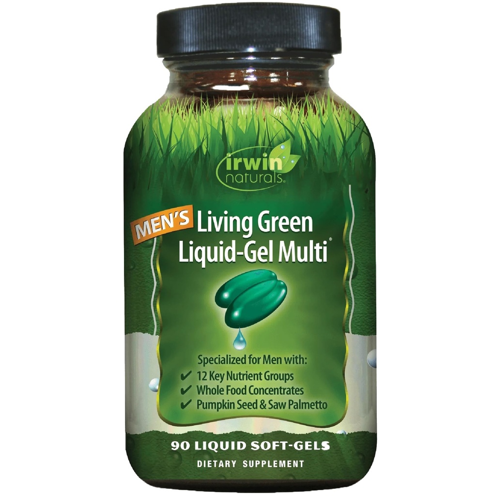 Irwin Naturals Men's Living Green Liquid-Gel Multi - 70 Essential Nährstoffe, Full-Spectrum Vitamins, Wholefood Blend - Targeted Adrenal & Brain Support - 90 Liquid Softgels