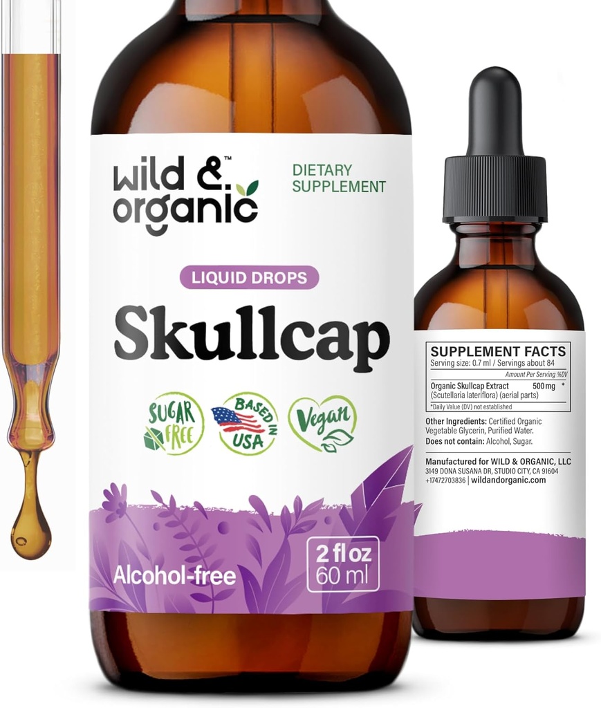 Wild & Organic Skullcap Tincture - Erholung, gute Stimmung, Beruhigung - Flüssige Skullcap Kräuterergänzung - Vegan, Zucker & Alkoholfreie Tropfen - 2 fl oz