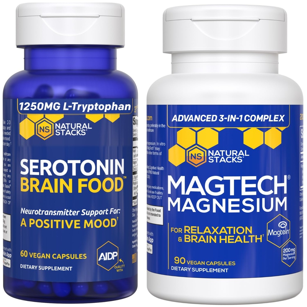 NATURAL STACKS MagTech Magnesium + Serotonin Brain Food Bundle - Supports Relaxation, Brain Health & a Positive Mood* - 150 Total Capsules
