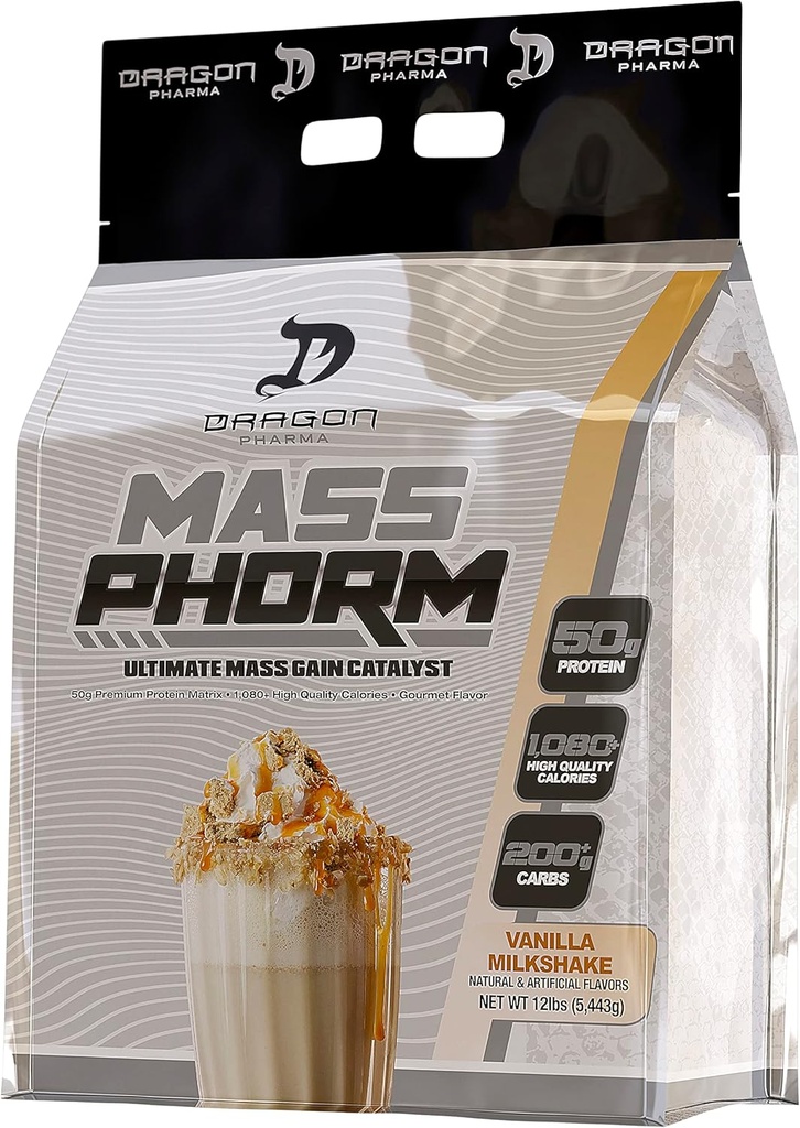 DRAGON PHARMA Mass Phorm, Ultimate Maß Gain Catalyst, 50g Protein Matrix, 200g Komplexe Kohlenhydrate, Über 1.000 Kalorien pro Servierung (20 Servierungen, Vanilla Milkshake)
