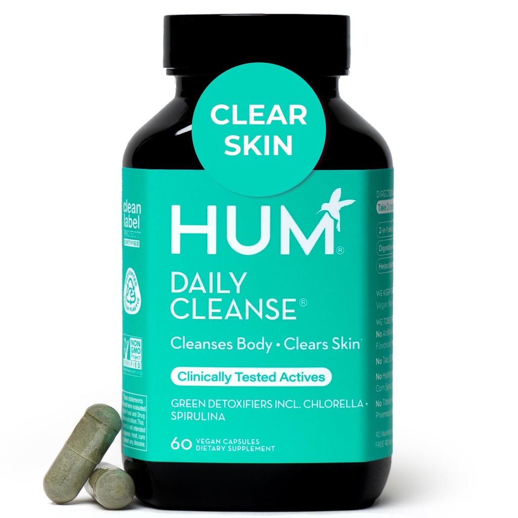 HUM Daily Cleanse Acne Supplements für Damen und Herren, Sanfte Verdauungsreinigung für klare Hautunterstützung, Zink, Spirulina, Chlorella, Entgiftungskräuter, organische Algen, Haut Vitamine Supplement, 60 Kapseln
