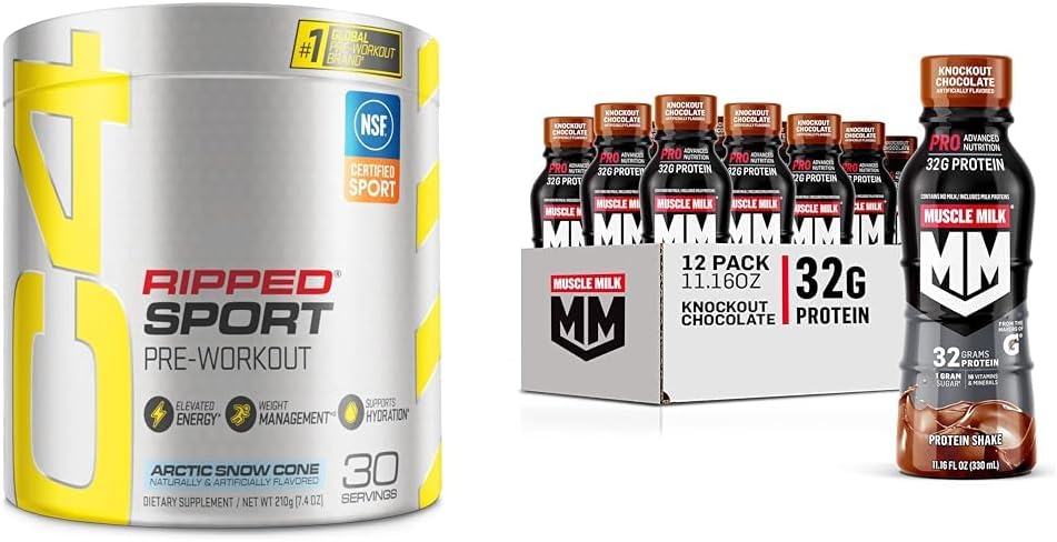 C4 Ripped Sport Pre Workout Powder Arctic Snow Cone & Muscle Milk Pro Advanced Nutrition Protein Shake, Knockout Chocolate, 11.16 Fl Oz (Pack von 12)