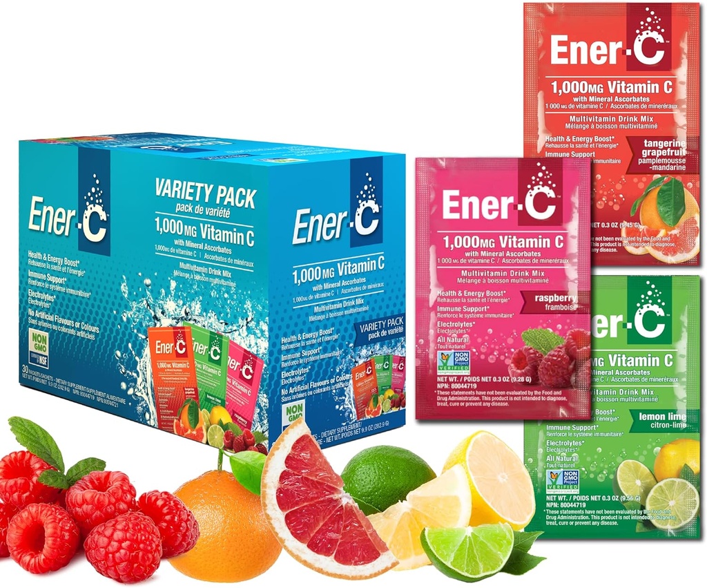 Ener-C Variety Pack Multivitamin-Getränk-Mischpulver Vitamin C 1000mg & Elektrolyte mit echtem Fruchtsaft Natürliche Energie und Immununterstützung für Damen und Herren - Non-GMO Vegan & Gluten Free - 30 Count