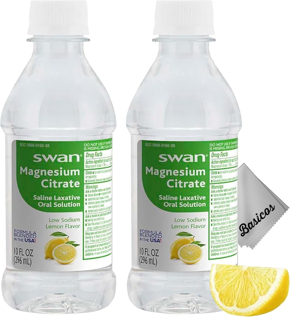 BASICOS 2Pack Swan Lemon Magnesium Citrate Oral Lösung 10 oz- Laxative Ergänzung für Verbrauchsentlastung, Regularität - Bonus Microfiber Cloth