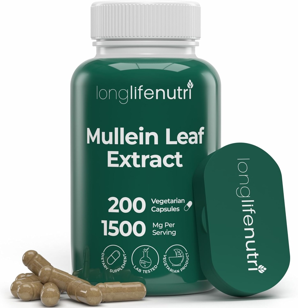 LongLifeNutri Mullein Leaf 1500mg 10:1 Extrakt - 200 vegetarische Kapseln, aus Bio Mullein Blattpulver, Kräuterergänzung für Atempflege, 2-Monats-Versorgung, Non-GMO, GMP zertifiziert, Made in USA