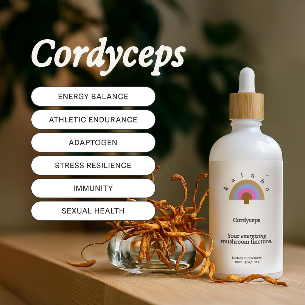 Rainbo - Cordyceps Mushroom Tincture - Dual Extract Mushroom Supplement - Immununterstützung, Energie, Liquid Cordyceps Supplement, Vegan, Non GMO, 3,4 fl oz