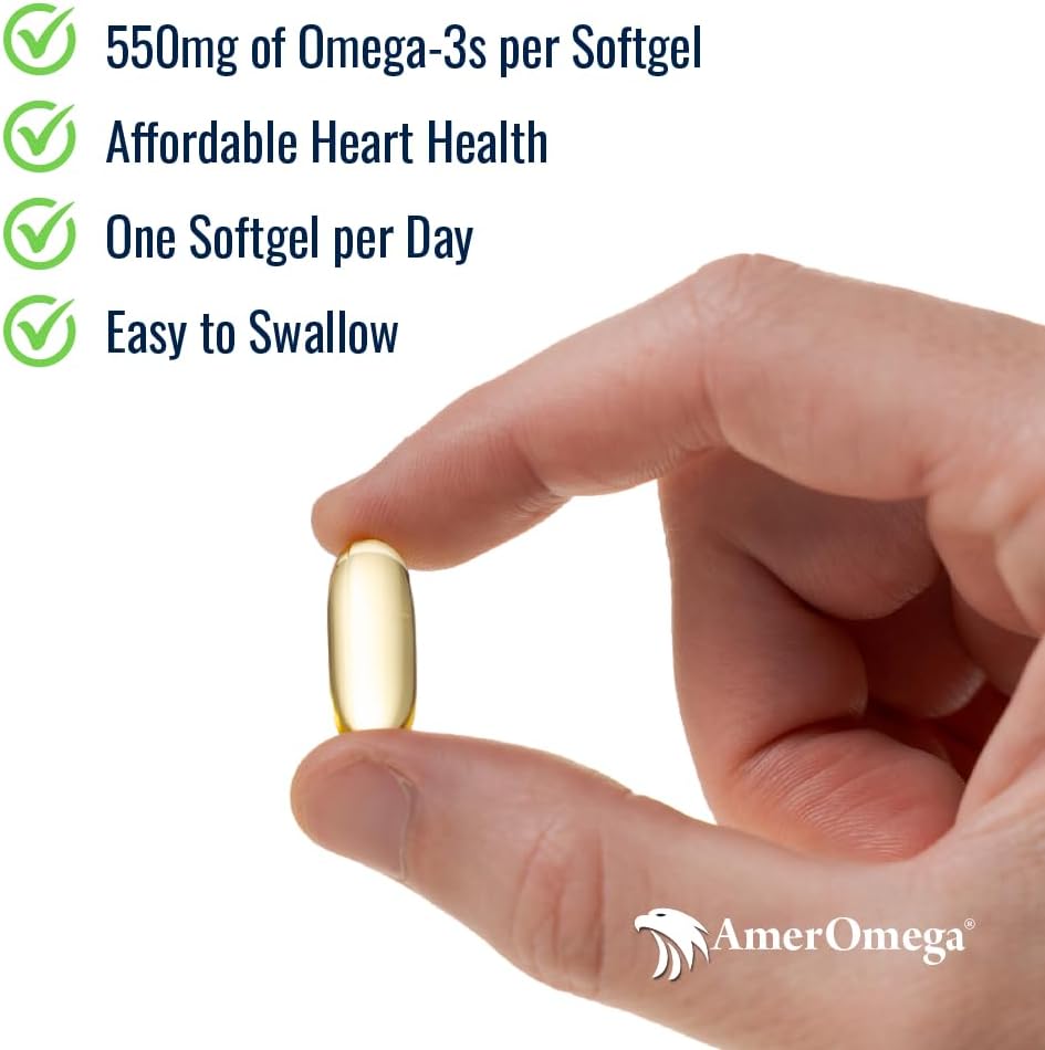 AmerOmega Triglycerid Omega-3 Fish Oil for Heart Health Support - Wild-Caught Alaskan Walleye Pollock - American-Sourced, American-Made - Non-GMO, Gluten-Free & Dairy-Free - 60 Softgels