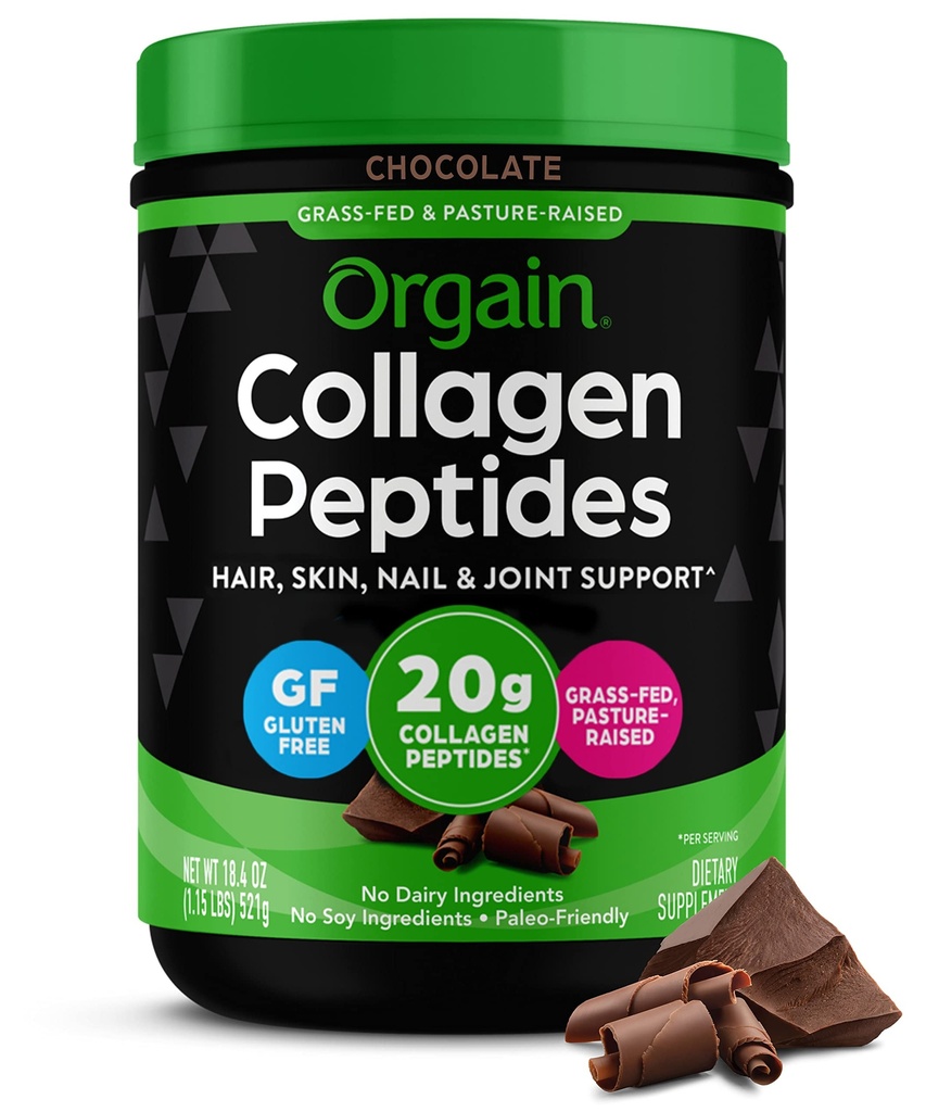 Orgain Hydrolyzed Collagen Peptides Powder For Women & Men, Chocolate, 20g Grass Fed Collagen - Hair, Skin, Nail, & Joint Support Supplement, Paleo & Keto, Non-GMO, Type I and III, 1lb