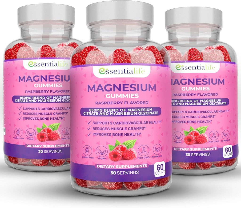 Magnesium Gummies 3 Packungen Essentialife 100mg pro Servierung - Mischung aus Magnesium Citrat & Magnesium Glycinat - Unterstützt Verdauung - Bleiben Sie ruhig &amp; wachen Sie mit Magnesium-Ergänzungen für Schlaf
