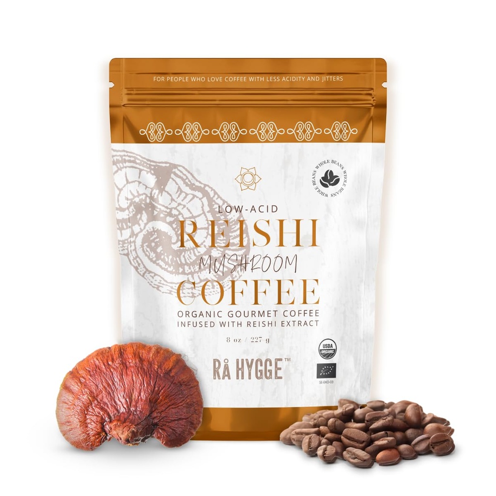Rå Hygge Specialty Organic Ganze Bohnen Pilz Kaffee mit Reishi - Für ruhige Energie, Entspannung & Balance - Gesunde Kaffee Alternative, Low-Acid Medium Roast, 8 Unzen (16 Tassen), geröstet in Schweden