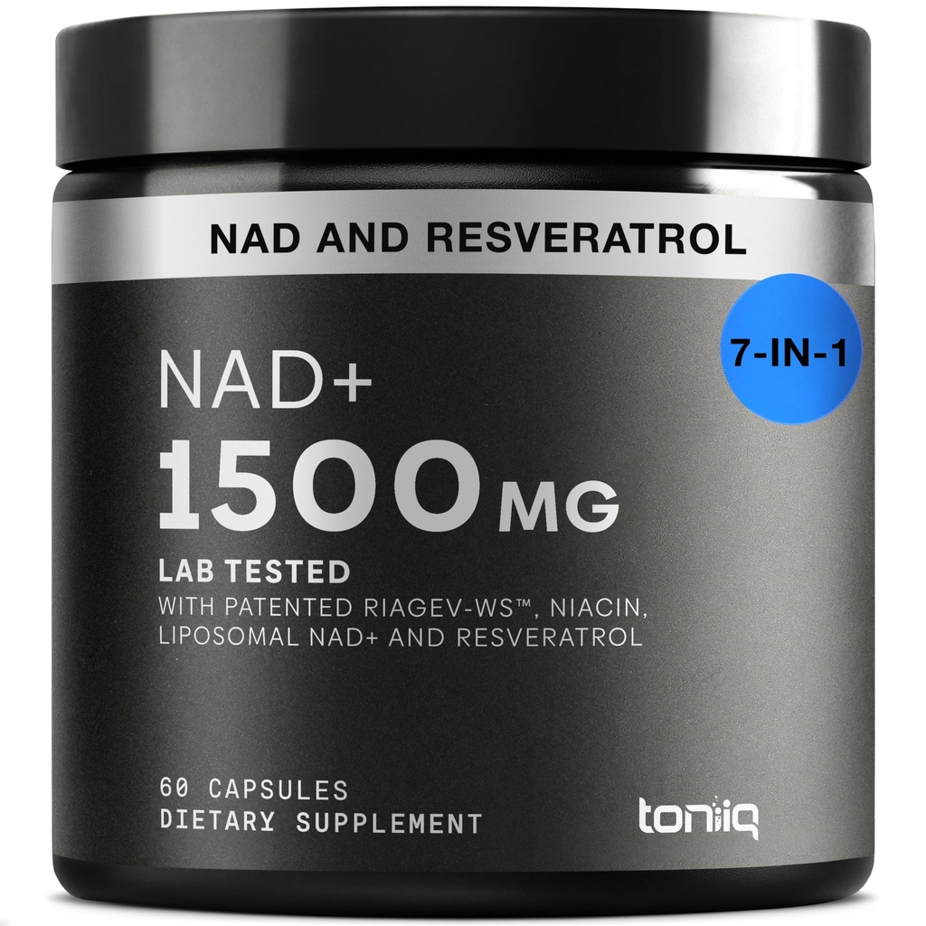 Toniiq NAD+ Ergänzung 1500mg - Ultrahochfeste NAD Ergänzung mit klinisch untersuchten Inhaltsstoffen mit patentiertem RiaGev-WSTM, Resveratrol und Niacin - 60 Kapseln