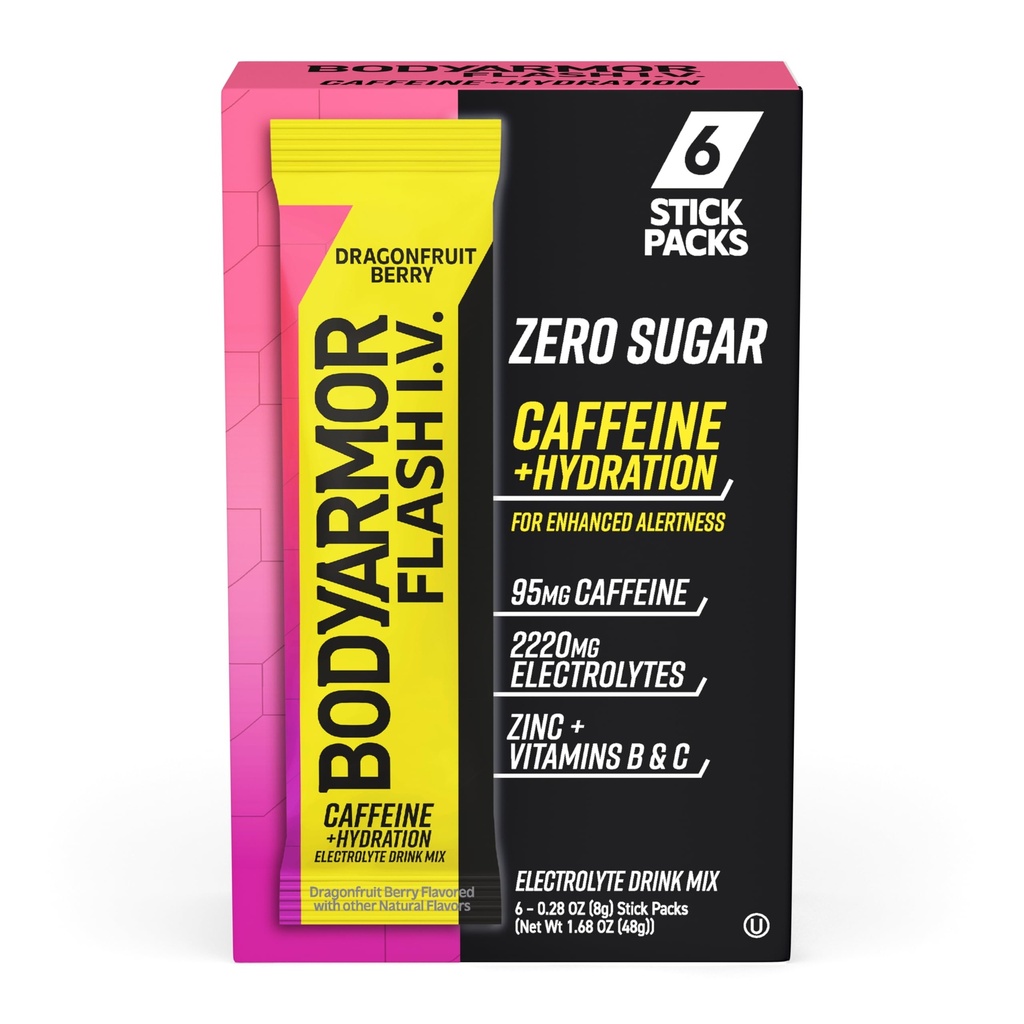 BODYARMOR Caffeinated Flash I.V. Elektrolyt-Packets - Dragonfruit Berry - Zero Sugar Energy Drink Mix, Single Serve Packs, Hydration for Pre Workout, Travel Essentials, Active Lifestyle (6 Count)