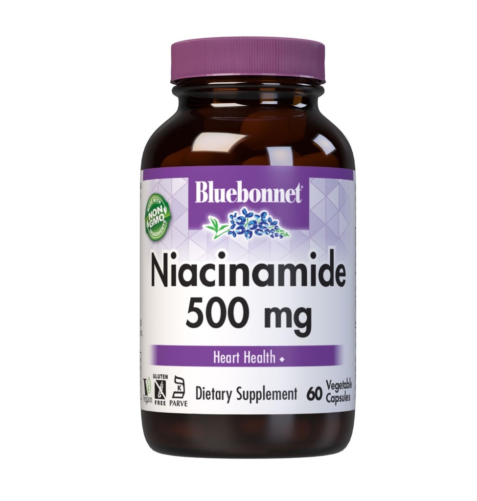 Bluebonnet Nutrition Niacinamide 500mg, Unterstützt Herz-Kreislauf-Gesundheit*, Soja-frei, Glutenfrei, Non-GMO, Kosher Certified, Dairy-Free, Vegan, 60 Gemüsekapseln, 60 Servietten