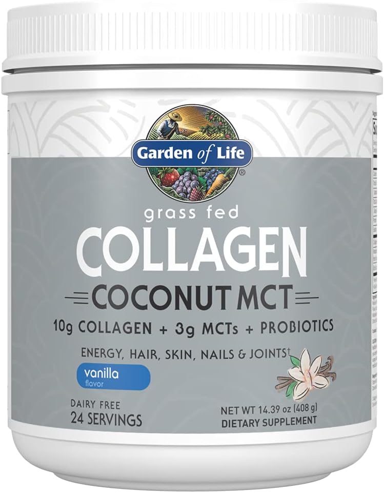 Garten des Lebens Gras Fed Collagen Coconut MCT Powder - Vanille, 24 Servierungen, Collagen Powder for Energy Hair Skin Nails Joints, Collagen Peptides Powder, Coconut MCTs, Collagen Protein Supplements