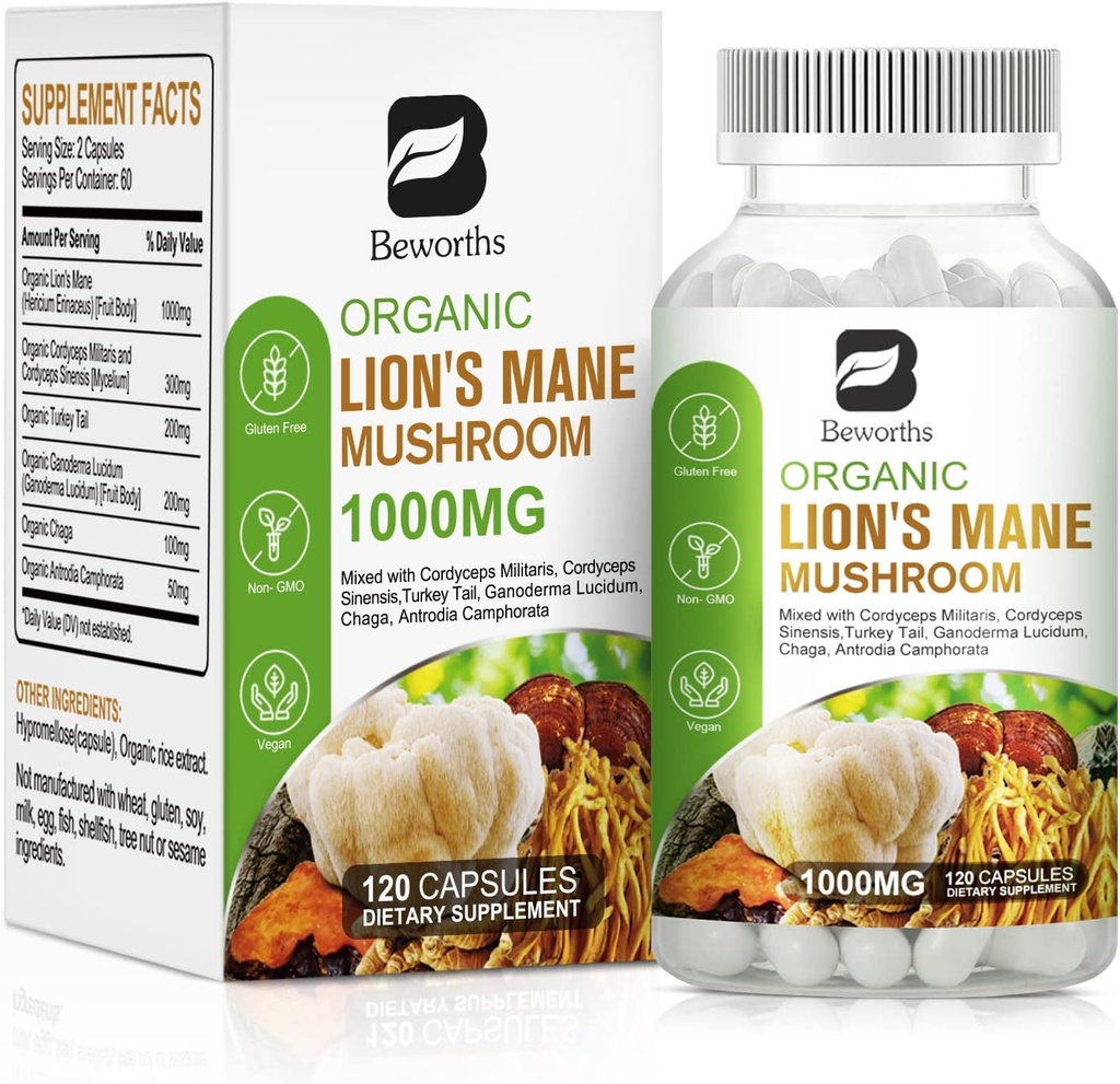 Lion's Mane Mushroom - 120 Kapseln | Bio Lions Mane Turkey Tail Mushroom Supplement Complex | Cordyceps, Chaga, Turkey Tail, Reishi | Mental Clarity, Focus Memory, Brain & Immune Boost
