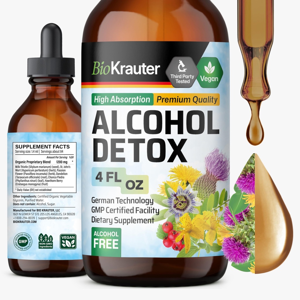 BIO KRAUTER Alkohol Detox Tincture - Leberreiniger Formel - Milchdistel & Löwenzahn - Leber Detox Liquid Extract - Alkohol und Zucker frei - Vegan Tropfen 4 Fl.Oz.