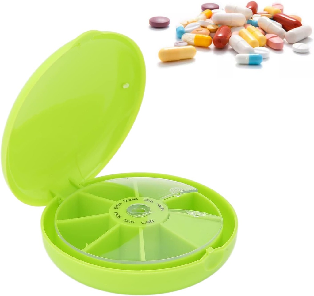 7 Tage Pillen Container, Sieben Grids Pillen Box Organizer Runde 7 Compartments Travel Box für Home Travel Pills Case Medication Aids Tool Daily Week Reminder Case(Green)