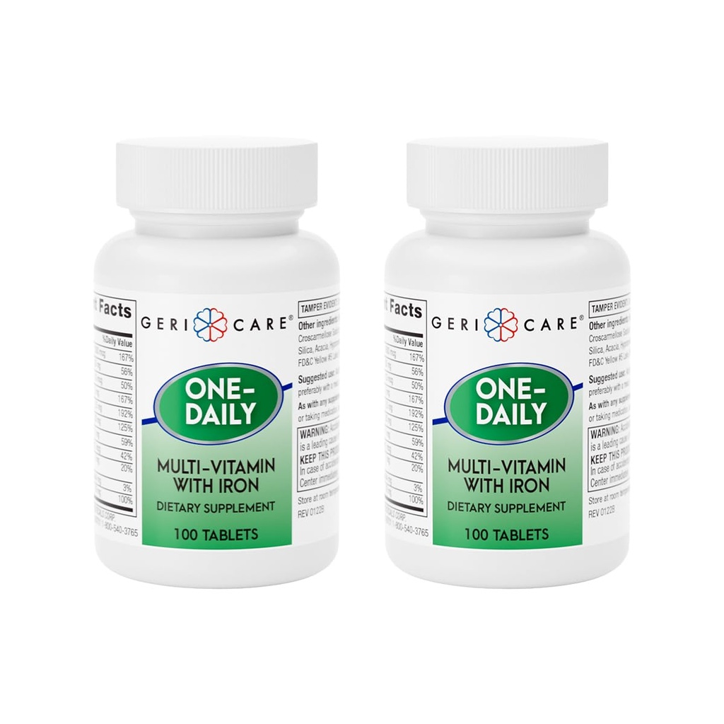 GeriCare One-Daily Multi-Vitamin with Iron, Complete Daily Nutritional Supplement with Essential Minerals for Energy, Immunity, Bone & Overall Wellness, 100 Count (Pack of 2)