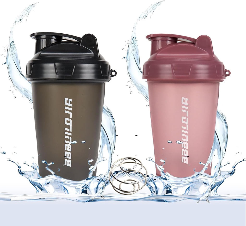 2 PACK Shaker Bottle hält bis zu 17oz, Mischen Ball Whisky, Portable Pre Workout Protein Drink Cup, Mixes Cocktails Smoothies Shakes, BPA Free & Spülmaschine Safe Black/Pink