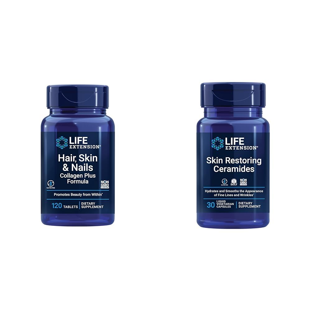 Life Extension Hair, Skin & Nails Collagen Plus Formula 120 Count & Skin Restoring Ceramides 30 Liquid Vegetarian Capsules