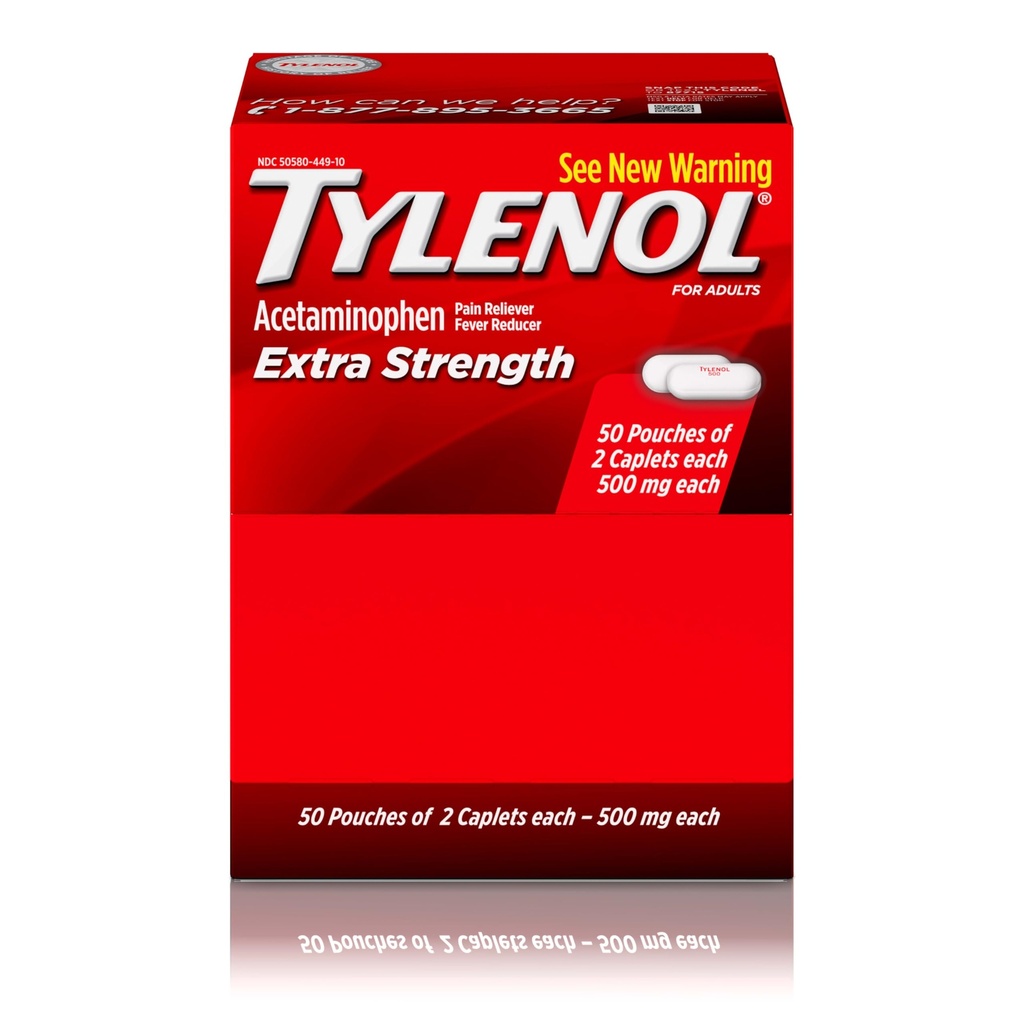 Tylenol Extra Strength Acetaminophen Caplets, 500 mg, Schmerzlinderung & Fever Reducer für Kopfschmerzen, Rückenschmerzen, Toothache, Menstrual Cramps & Schmerz, Travel-Friendly Packaging, 2-Caplet Pouches, 50 Count