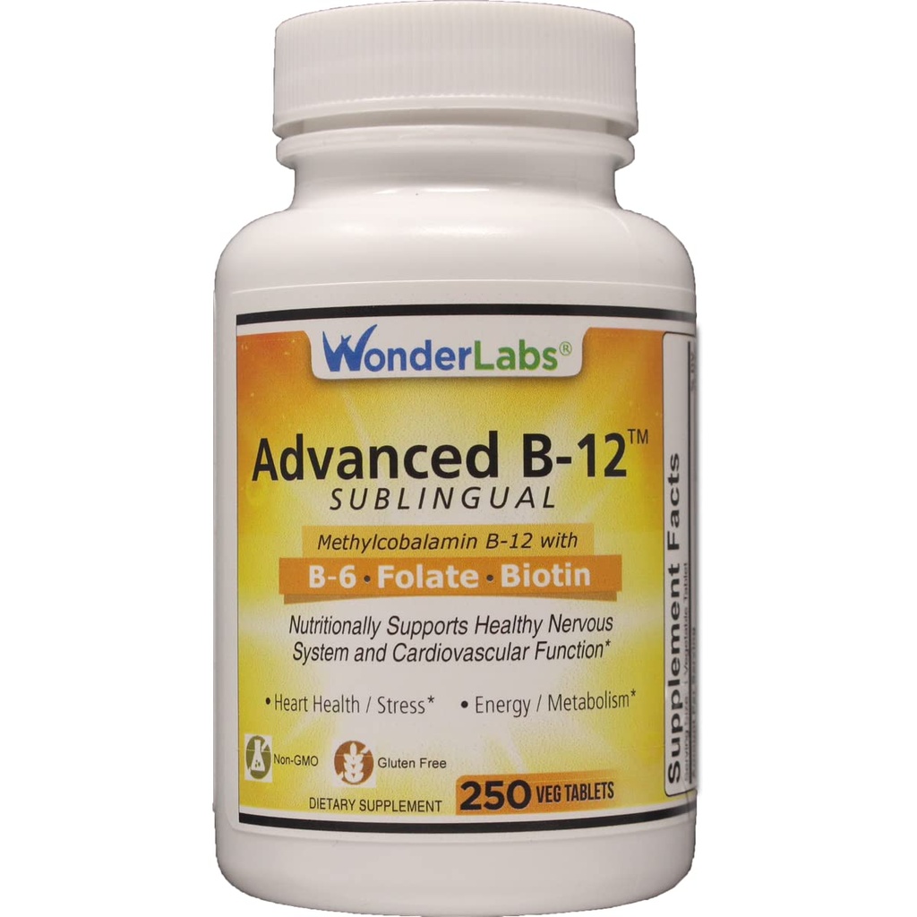 Wonder Laboratories Sublingual Vitamin B12 (1000 mcg), B6 (5mg), Folsäure (400 mcg) & Biotin (25mcg) - Formuliert mit Methylcobalamin Vitamin B-12 (250 Tabletten)