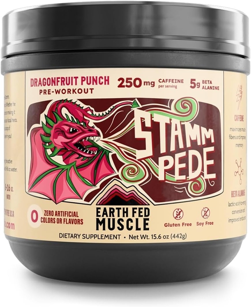 Earth Fed Muscle Stammpede Pre Workout – Dragon Fruit Punch, Clean Energy, Focus, Muskelunterstützung, keine Füllstoffe oder künstliche Aromen, 30 Portionen