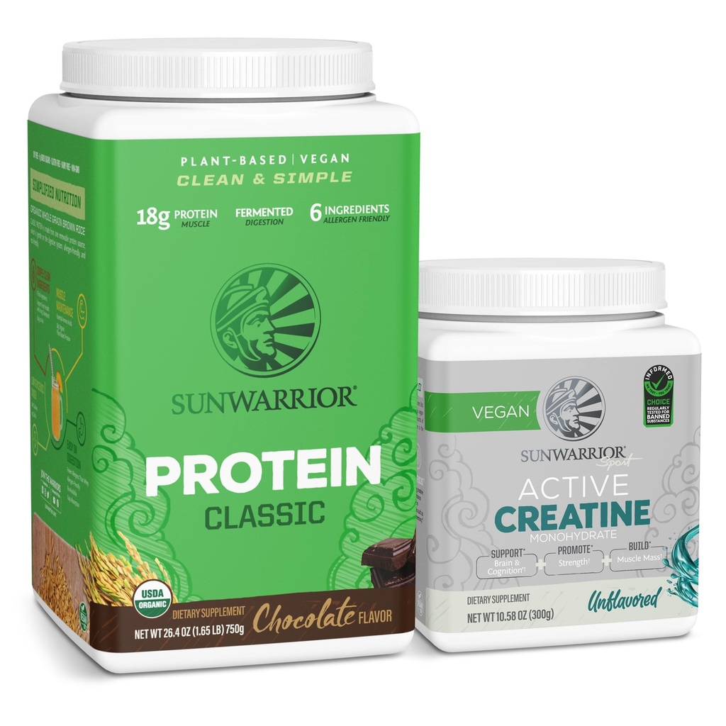 Sunwarrior Brown Rice Protein Pulver Pflanzen-Based | Schokolade 30 Servierungen & Kreatin Monohydrat Pulver | Micronized Unflavored, 60 Servierungen