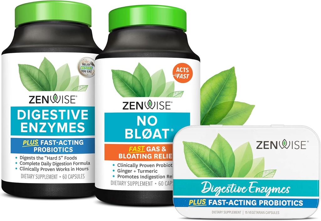 Zenwise Health Bliss Bundle Verdauungsenzyme + No Bloat + Free Travel Tin - prä and post Meal Digestive Routine mit Enzymen und Probiotika für Verdauung