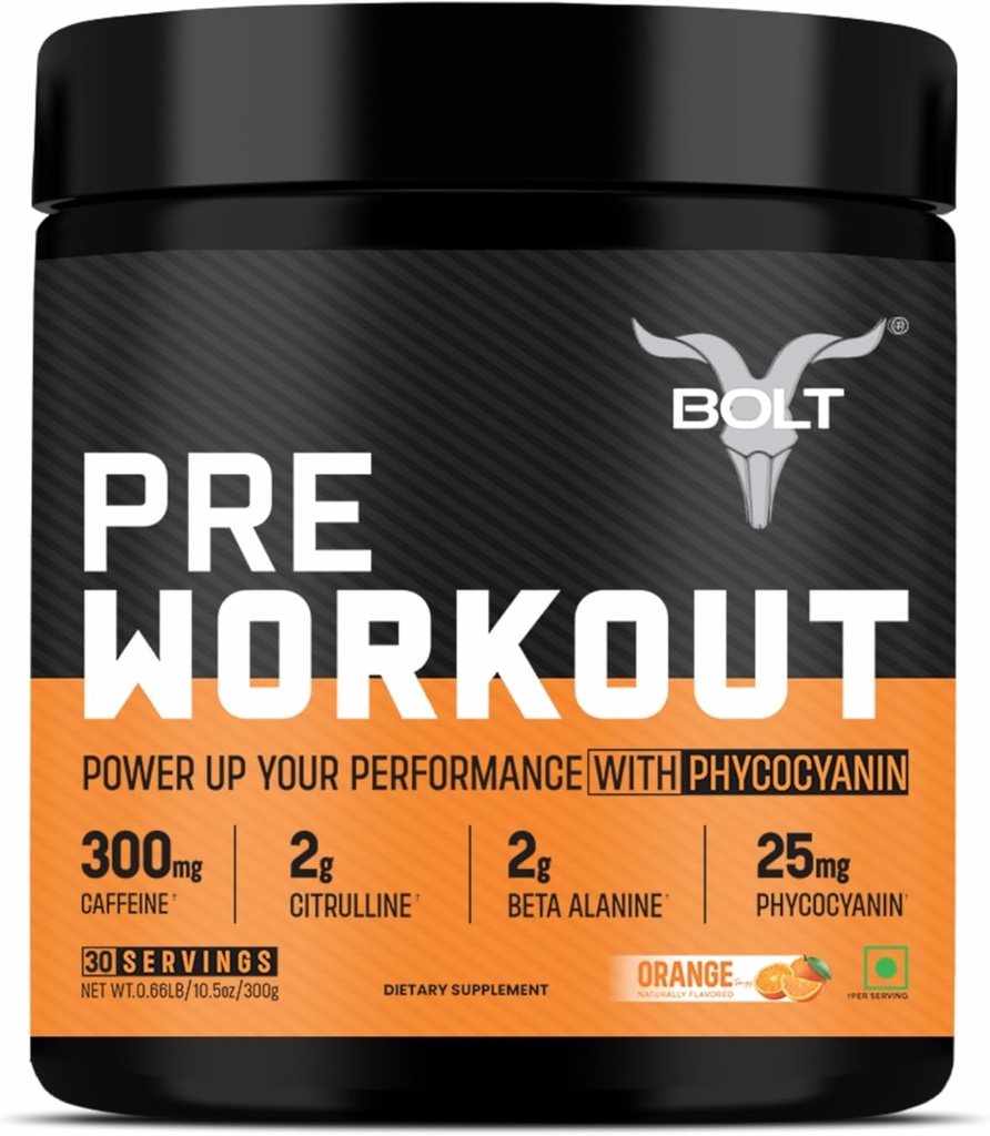 Bolt Pre Workout Ergänzung mit Koffein, Citrulline Malate, B-Alanine, Taurine | Explosive Energie, Pumpe & Fokus |300g,30 Servierungen | Tangy Orange